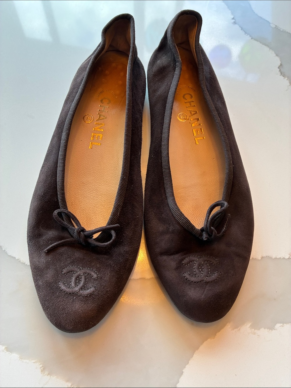 CHANEL Brown Suede CC Logo Ballet Flats